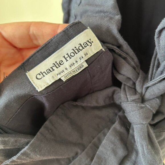 Charlie Holiday Ivy Navy Blue Backless Halter Linen Blend Mini Dress Size 4 - Picture 6 of 7